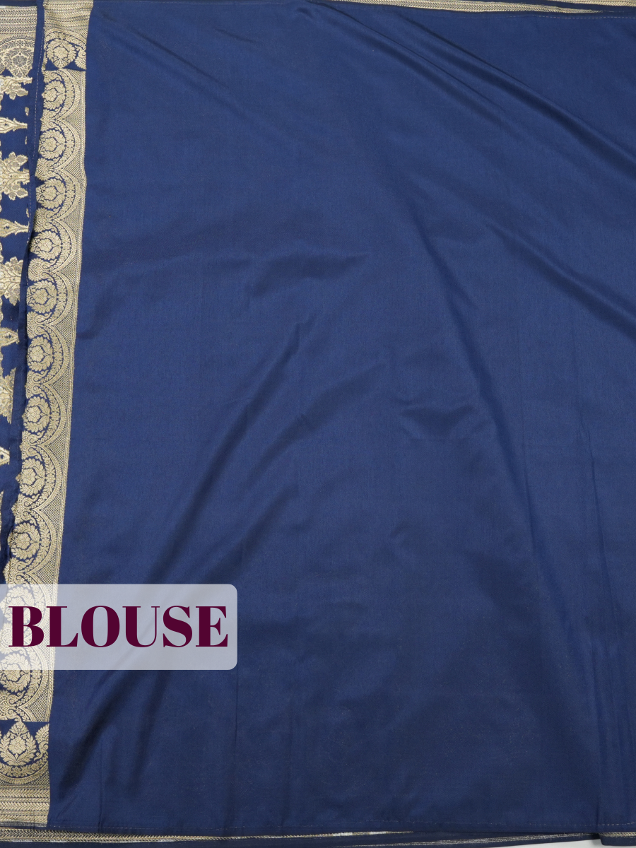 Blue Banarasi Soft Silk Saree with Floral Damask Border