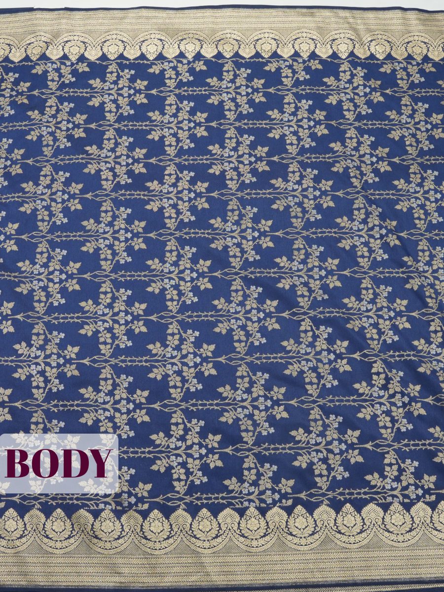 Blue Banarasi Soft Silk Saree with Floral Damask Border