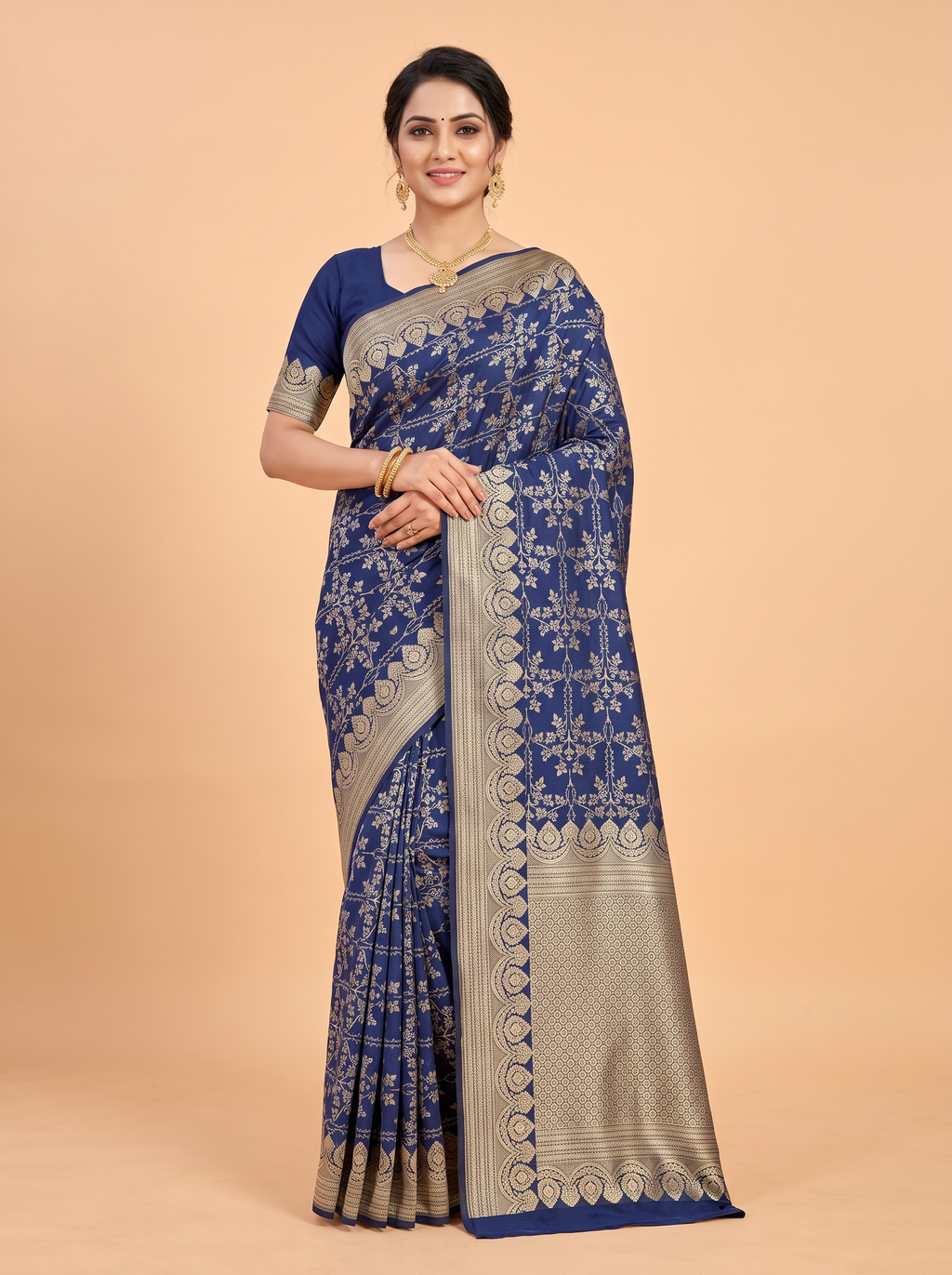 Blue Banarasi Soft Silk Saree with Floral Damask Border