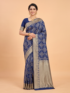 Blue Banarasi Soft Silk Saree with Floral Damask Border