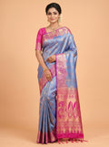 Blue Semi Soft Silk Saree with Arch Damask Border