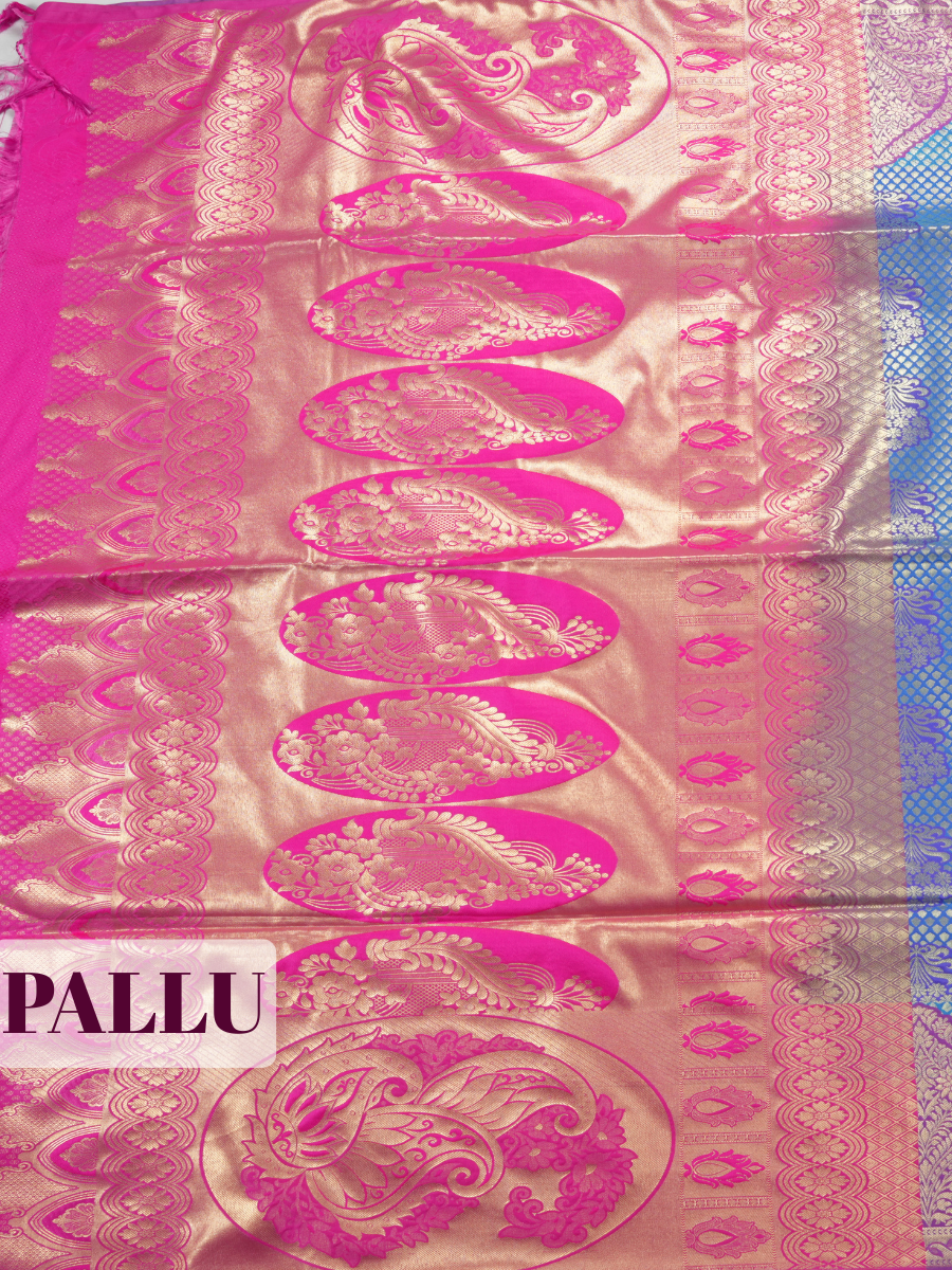 Blue Semi Soft Silk Saree with Arch Damask Border