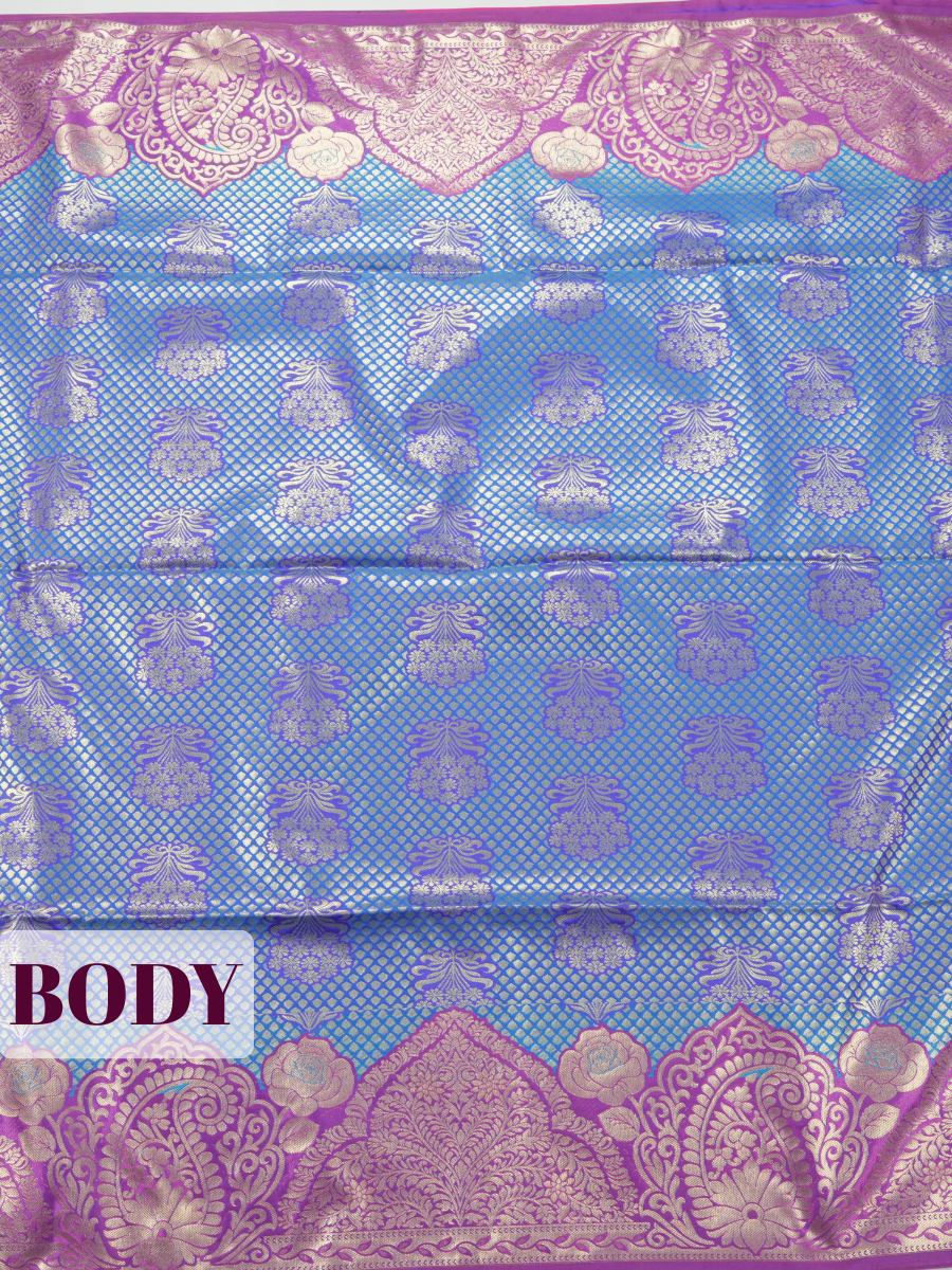 Blue Semi Soft Silk Saree with Arch Damask Border