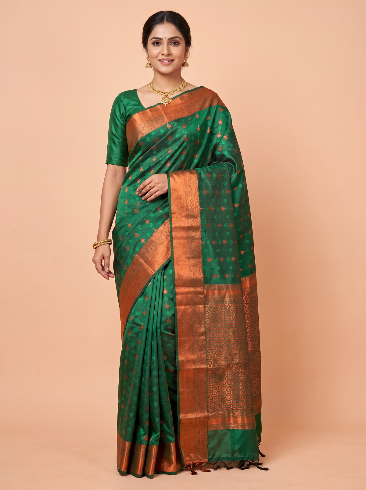 Bottle Green Semi Soft Silk Saree with Temple Zari Border