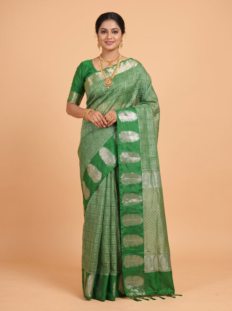 Green Semi Soft Silk Saree with Feather Butta Design