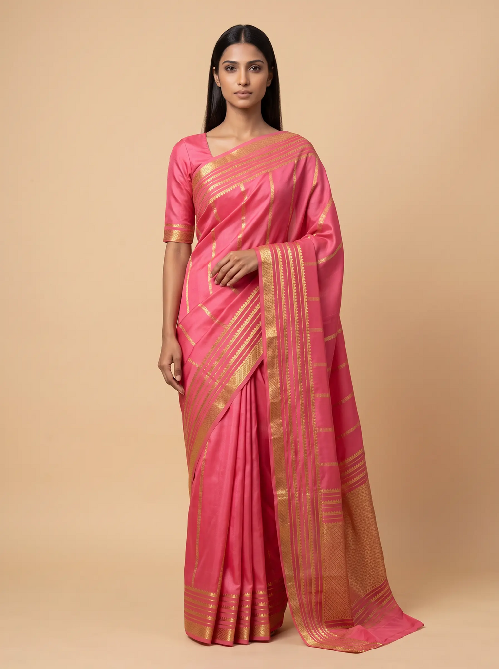 Baby Pink Mysore Silk with Golden Zari Border