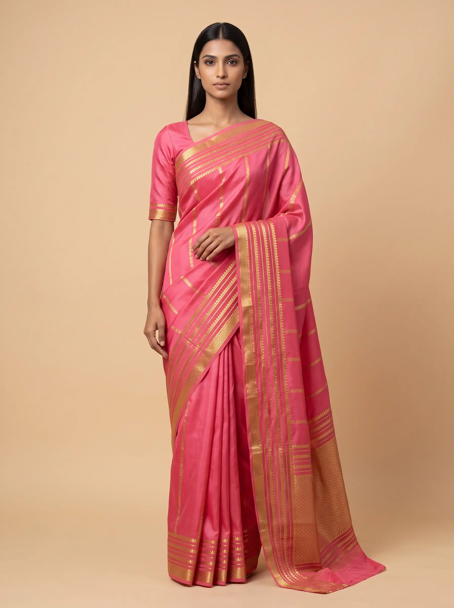 Baby Pink Mysore Silk with Golden Zari Border