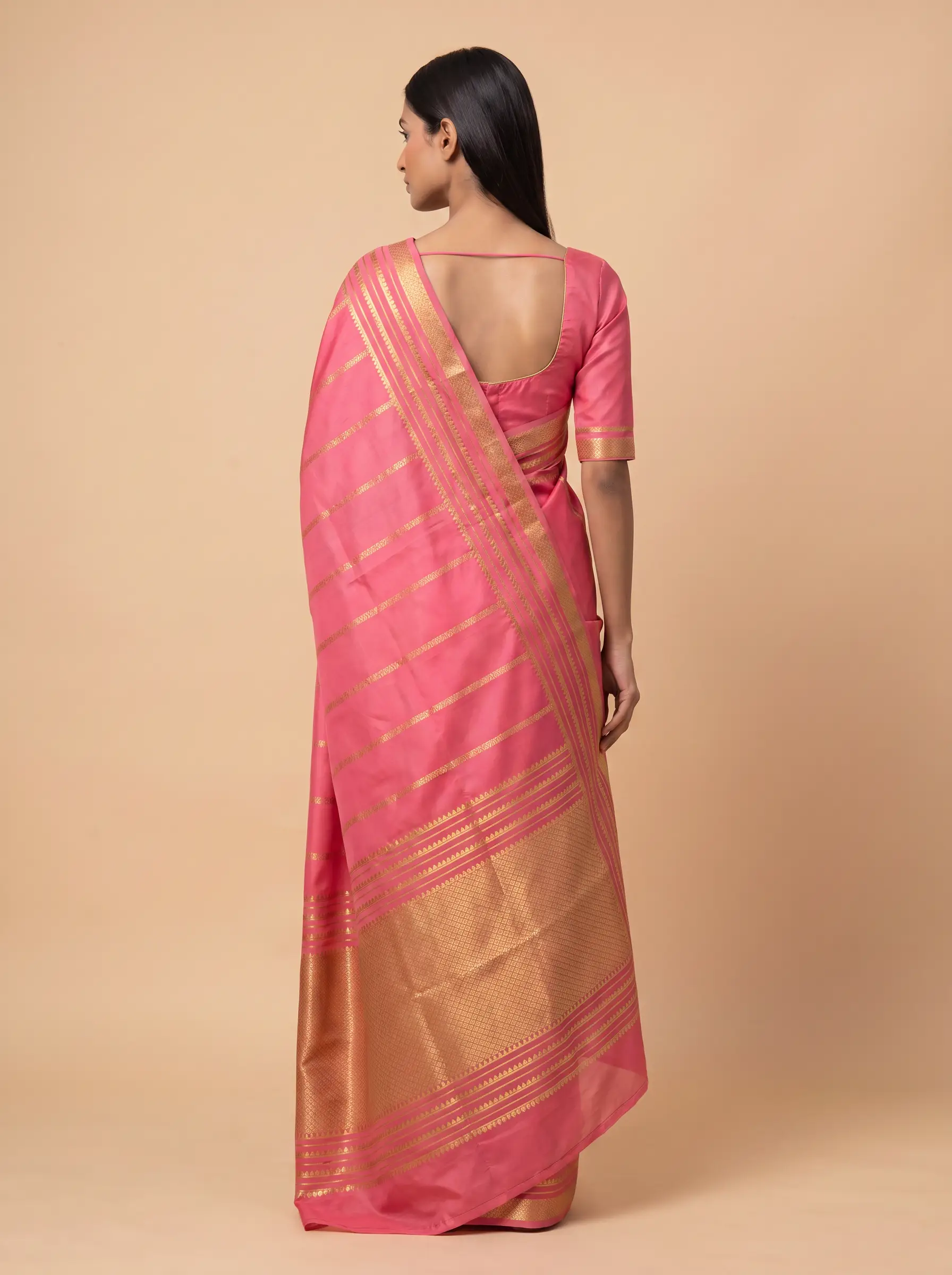 Baby Pink Mysore Silk with Golden Zari Border