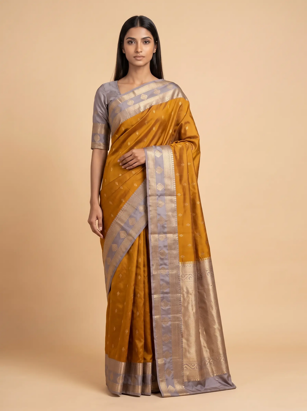 Mustard Semi Silk saree with Grey Border
