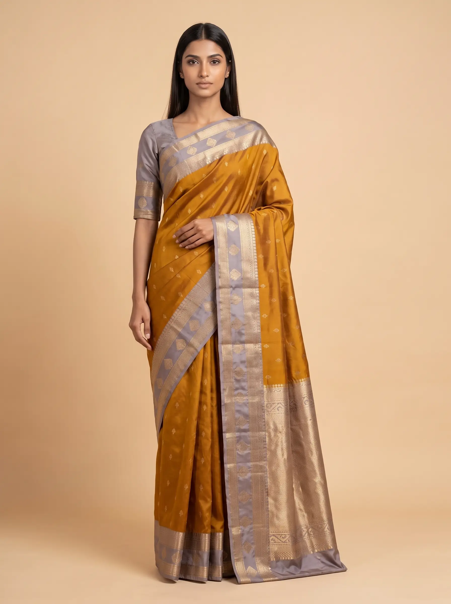 Mustard Semi Silk saree with Grey Border