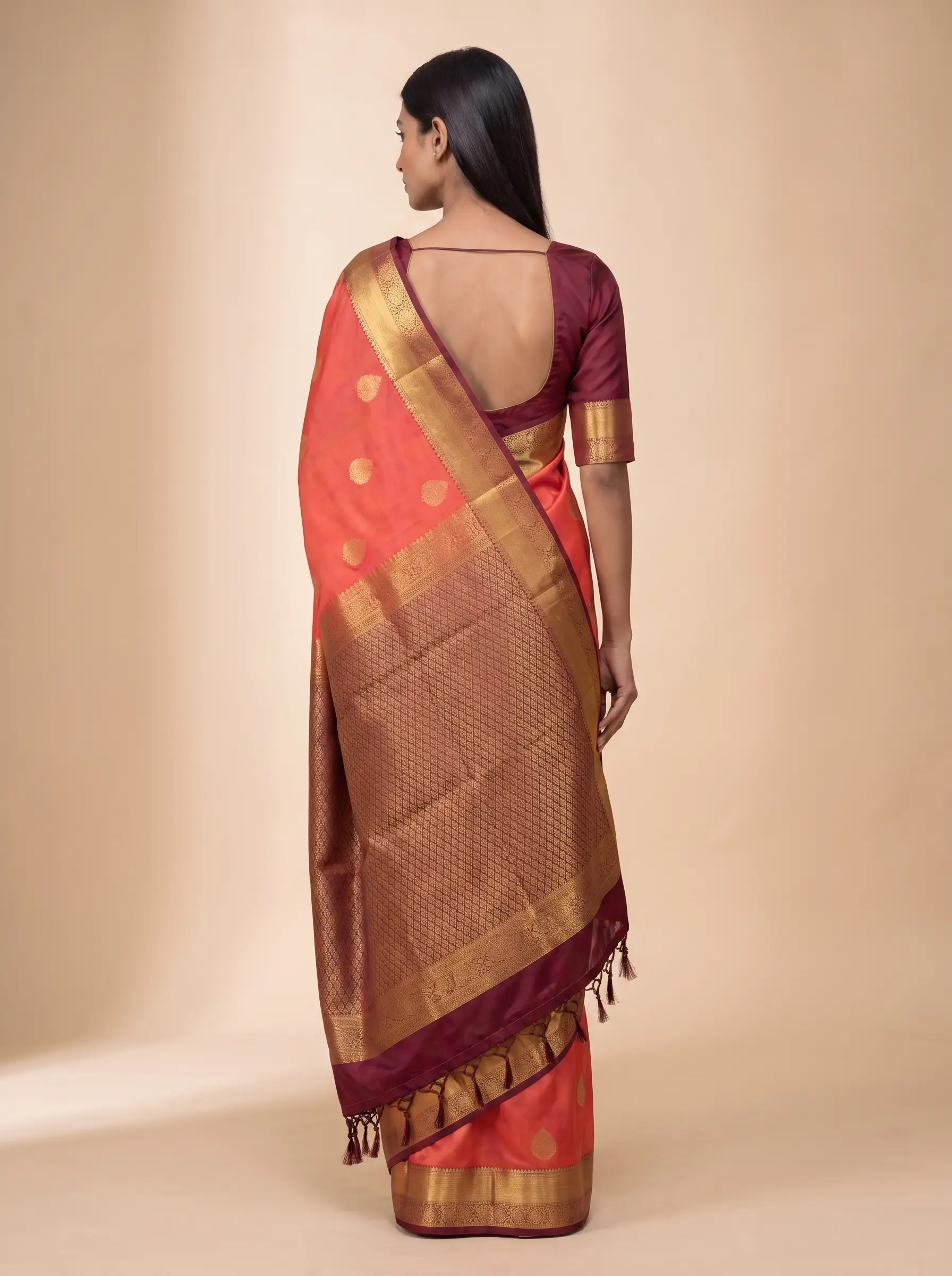 Orange Soft Semi Silk with Deep Maroon Border