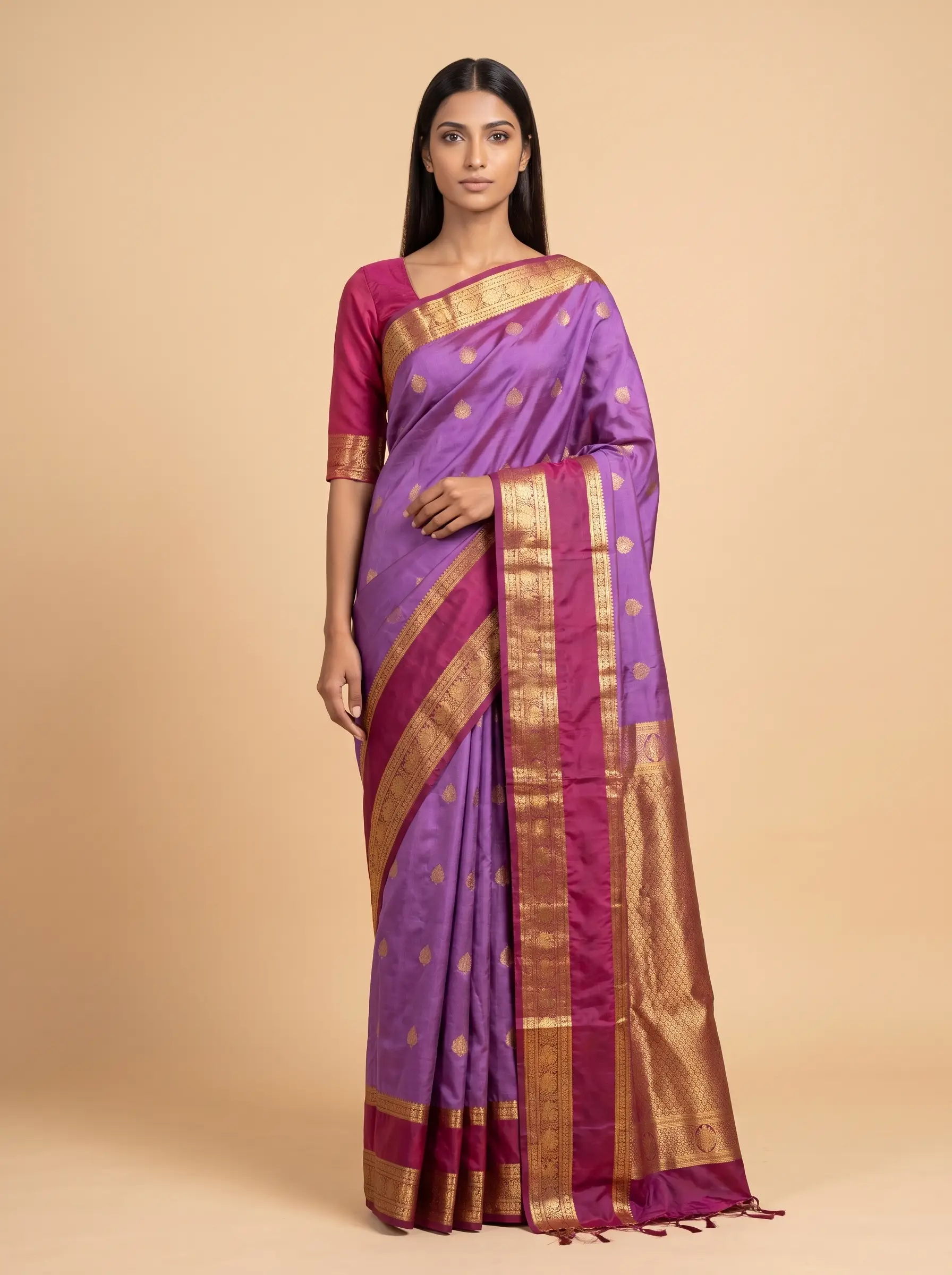 Purple Soft Semi Silk with Gold Border