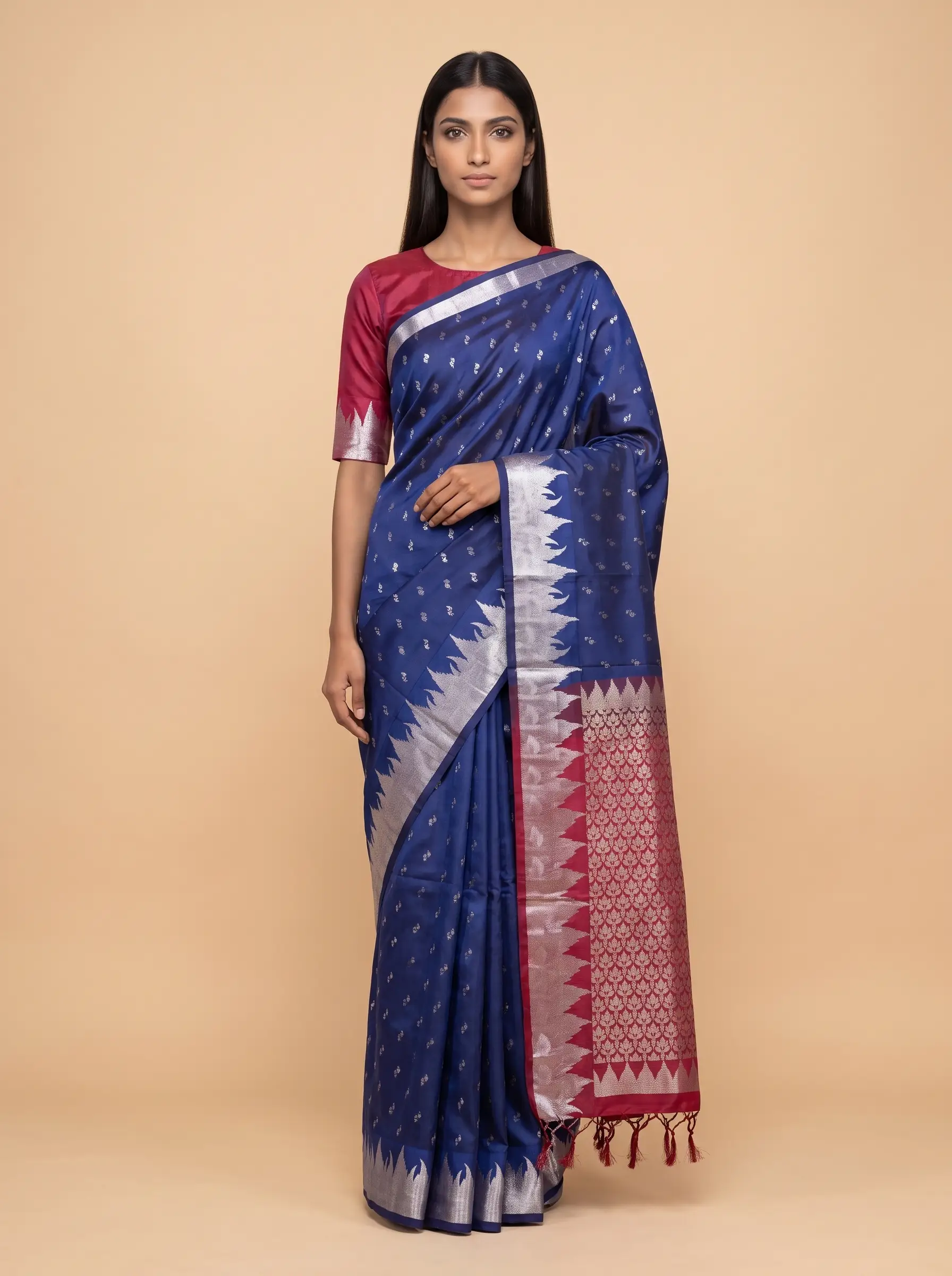 Ink Blue Soft Silk saree with Maroon Border
