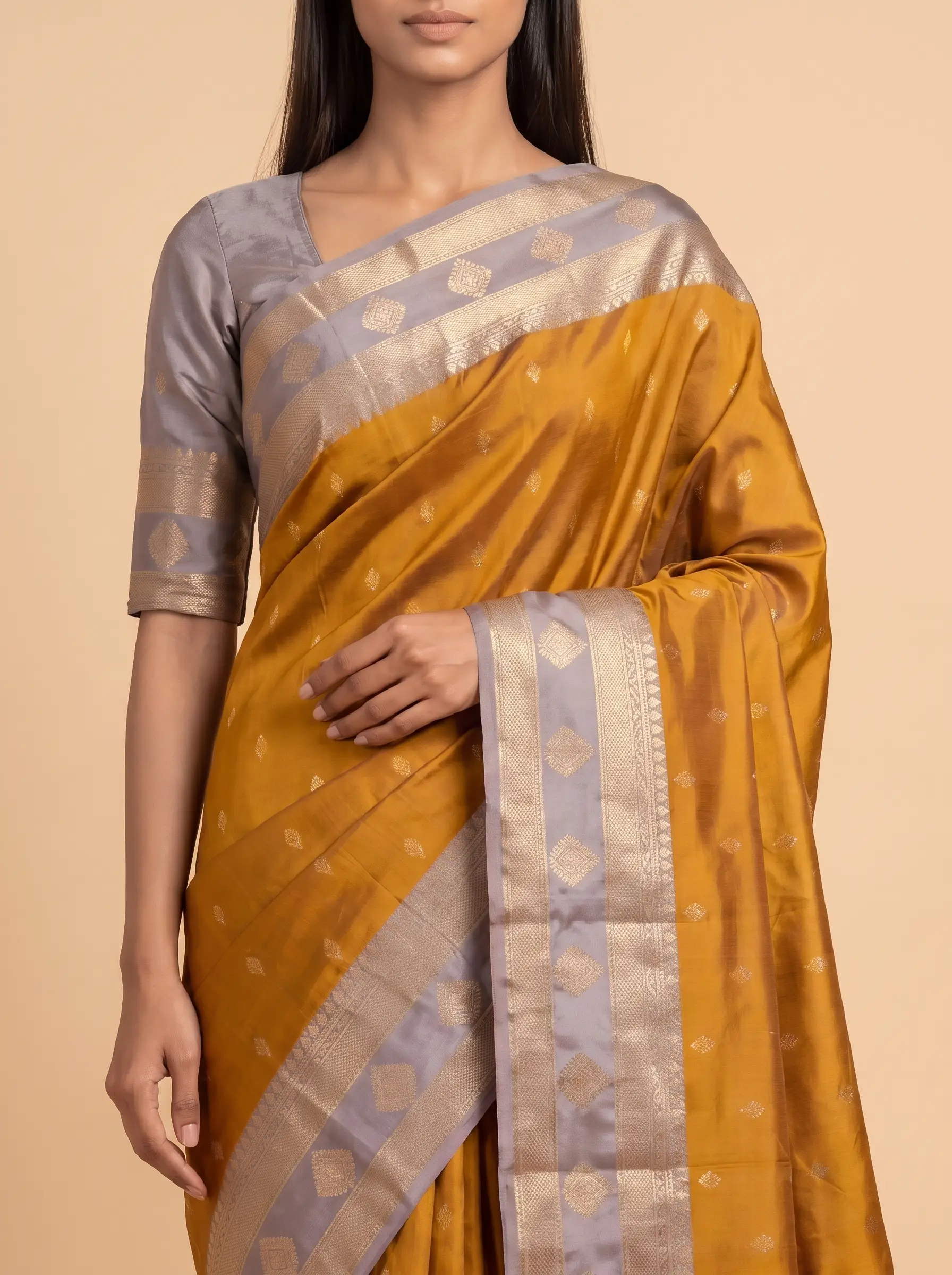 Mustard Semi Silk saree with Grey Border
