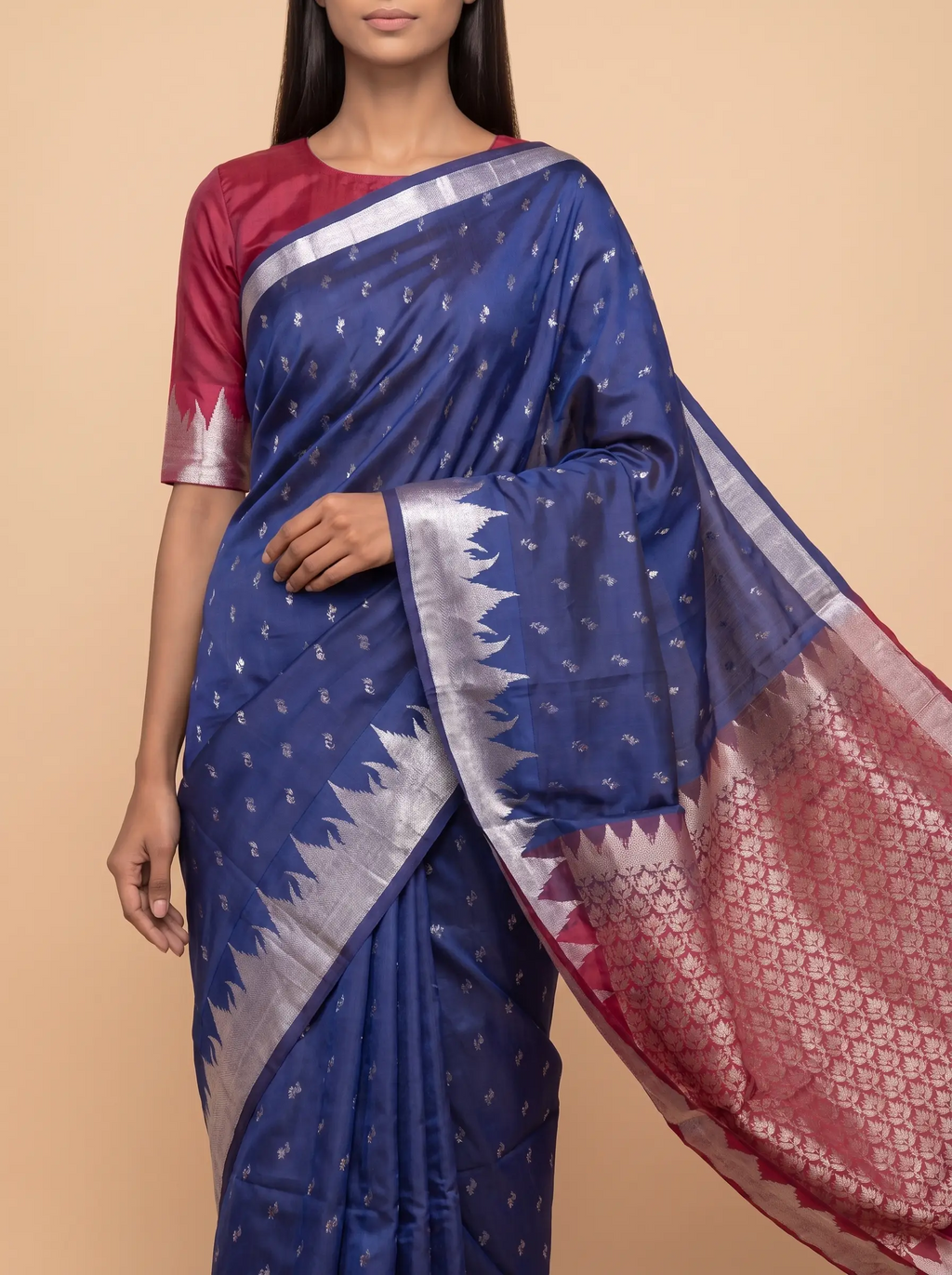Ink Blue Soft Silk saree with Maroon Border