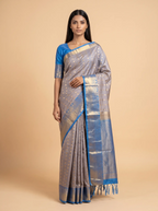 Grey Soft Silk Saree with Grey Rich Golden Zari Border