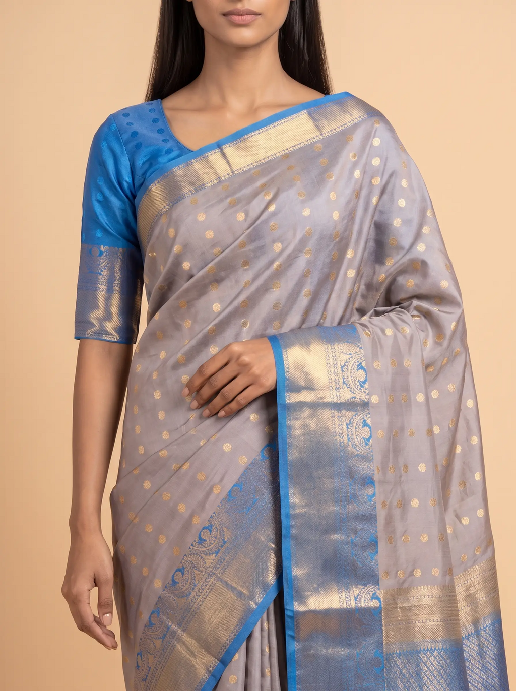 Grey Soft Silk Saree with Grey Rich Golden Zari Border