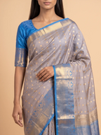 Grey Soft Silk Saree with Grey Rich Golden Zari Border