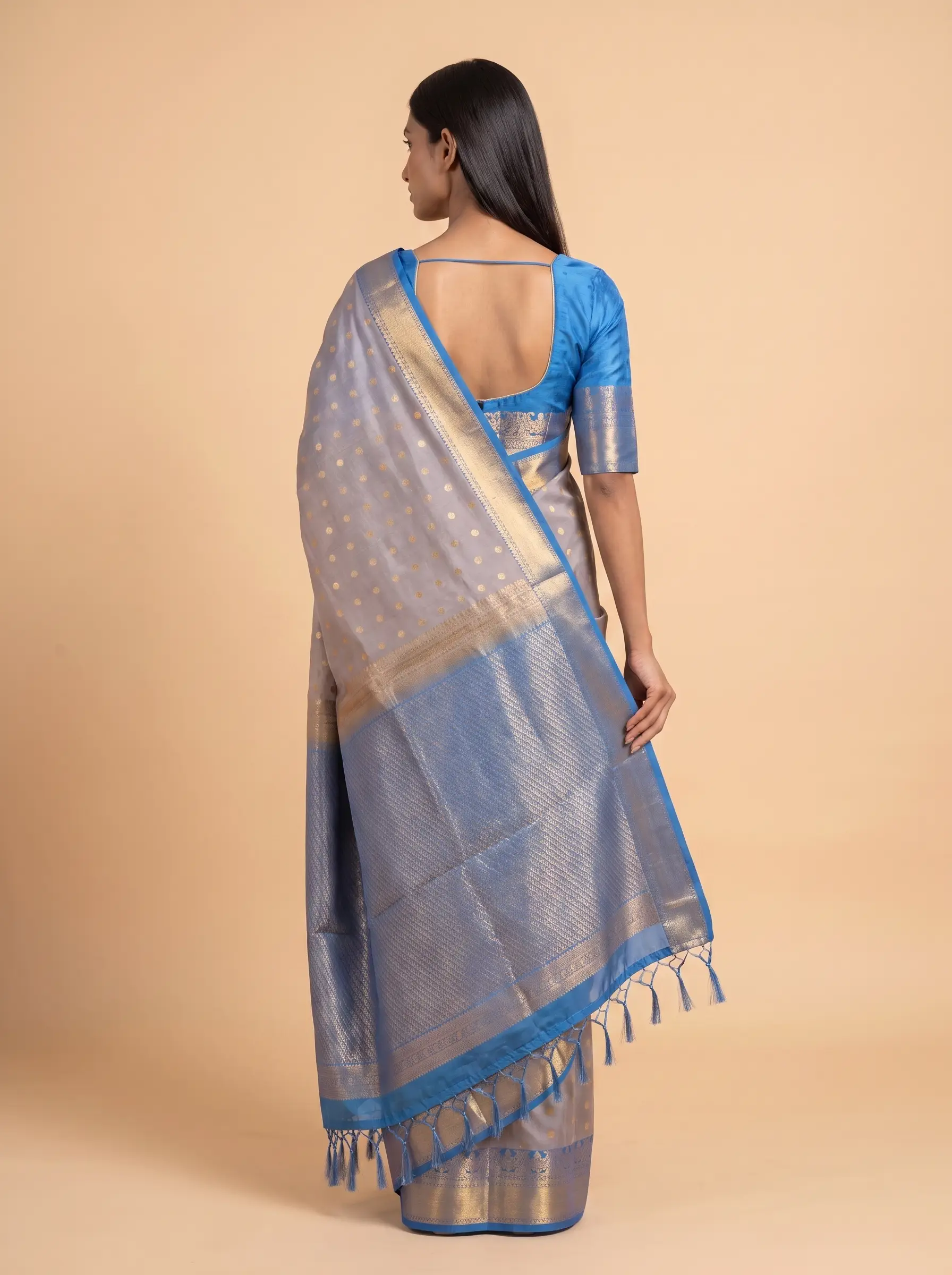 Grey Soft Silk Saree with Grey Rich Golden Zari Border