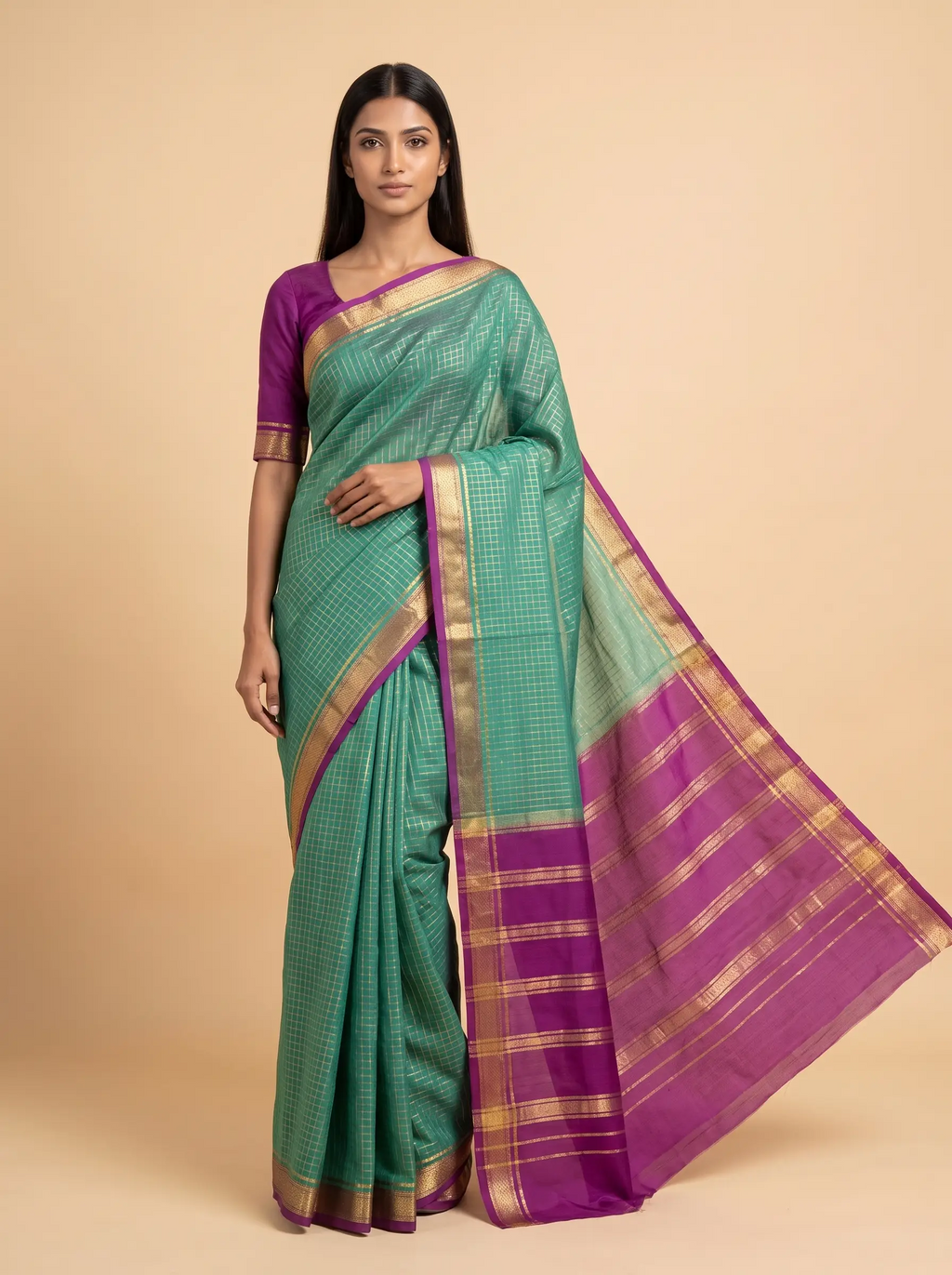 Green Zari Checks Mysore Silk with Purple zari Border