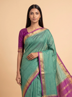 Green Zari Checks Mysore Silk with Purple zari Border