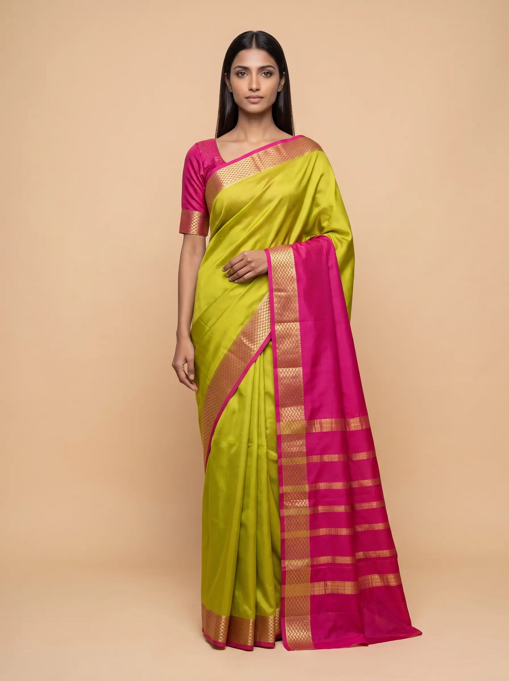 Olive Green Mysore Silk with Mahenta Border