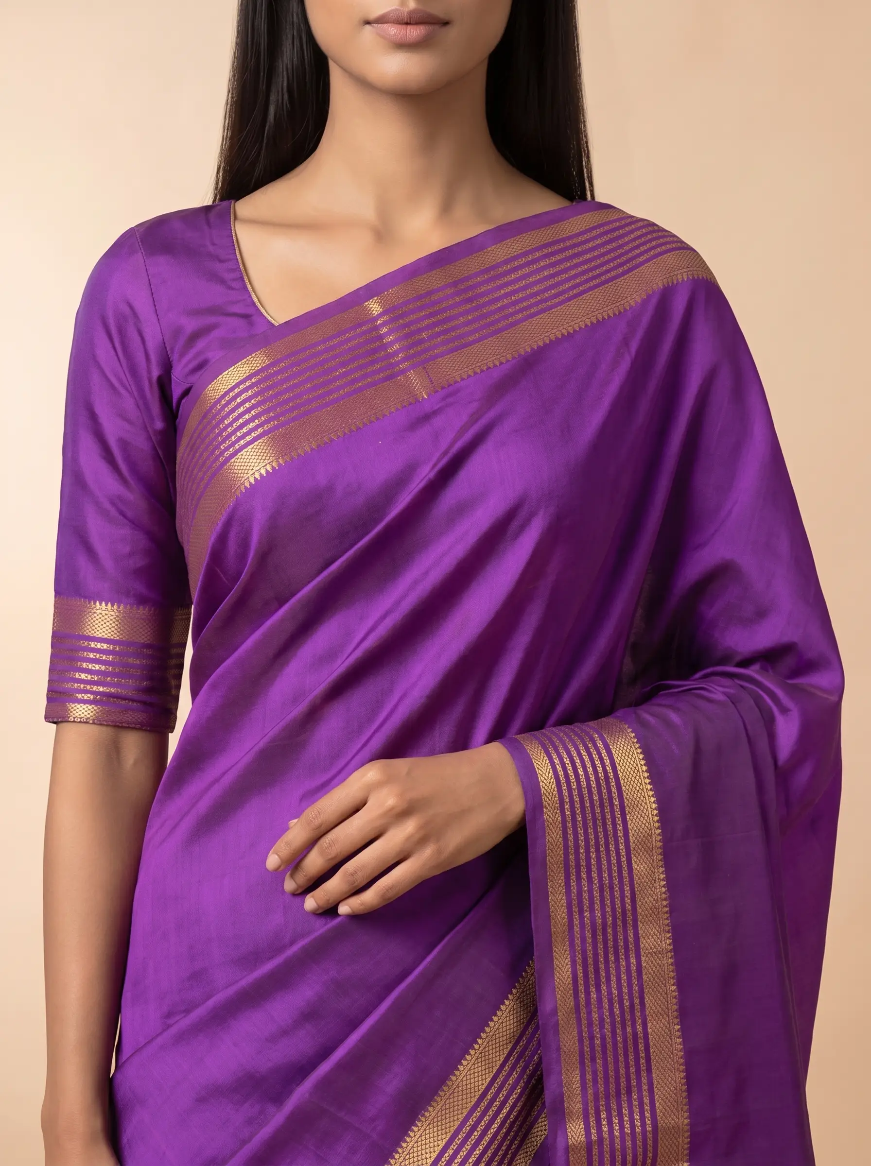 Royal Purple Mysore SIlk with Gold Dotted Border