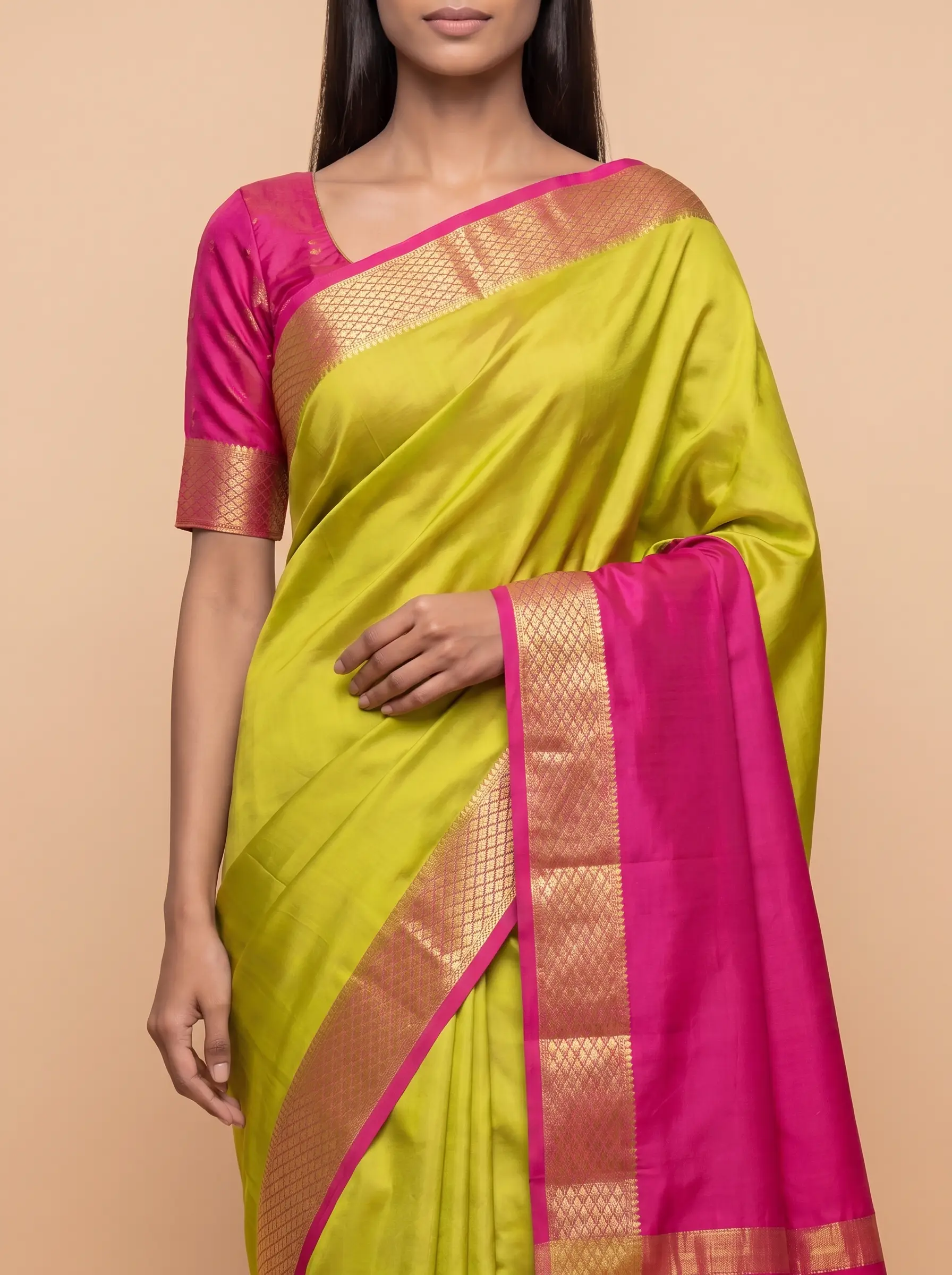 Olive Green Mysore Silk with Mahenta Border