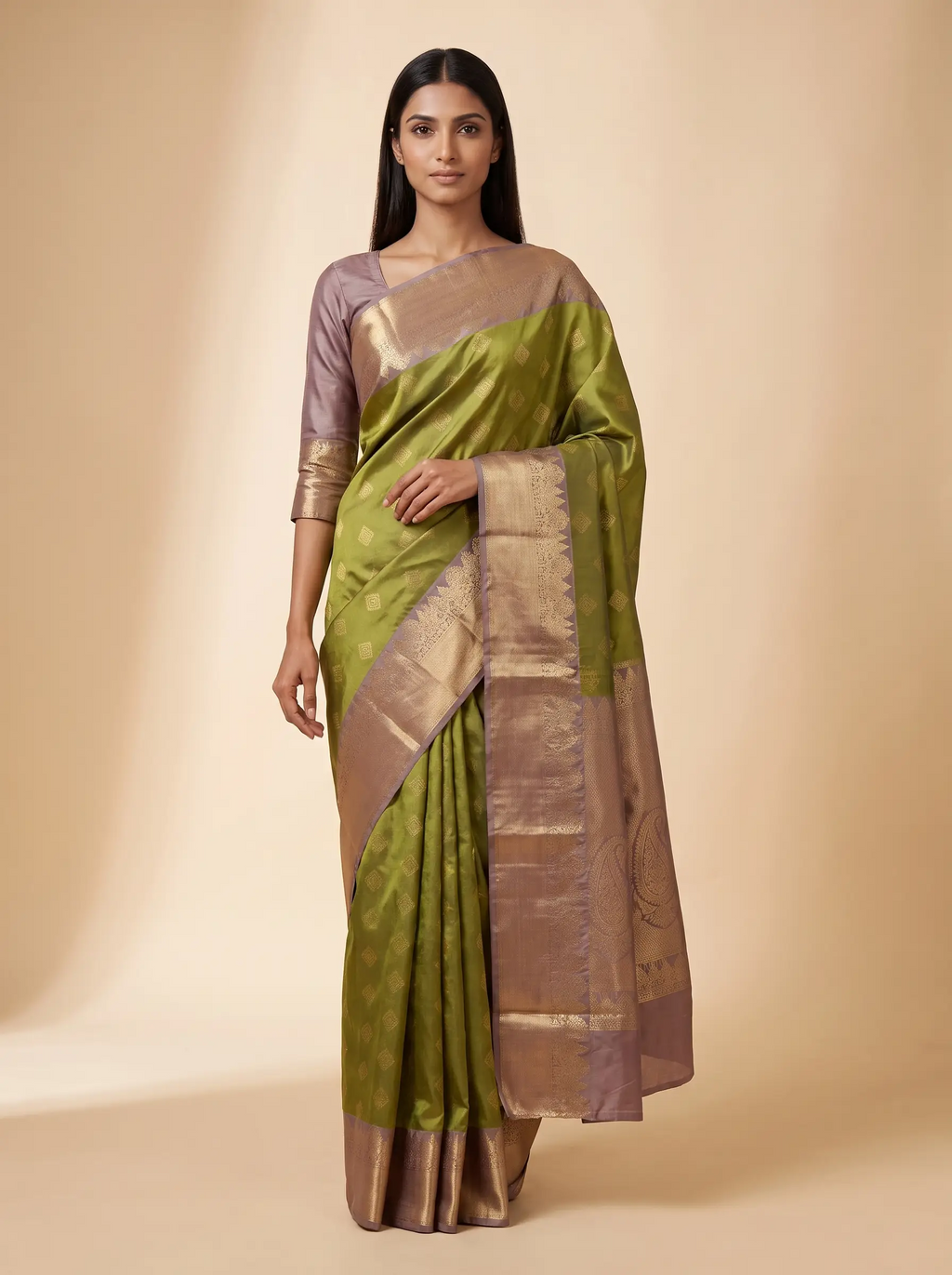 Olive Green Semi Silk Saree with Grey Broad FLoral Zari Border