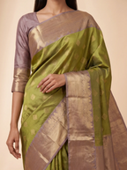 Olive Green Semi Silk Saree with Grey Broad FLoral Zari Border