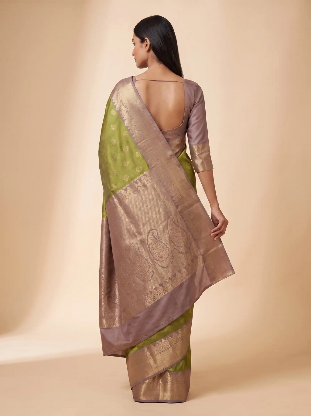 Olive Green Semi Silk Saree with Grey Broad FLoral Zari Border