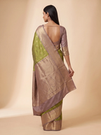 Olive Green Semi Silk Saree with Grey Broad FLoral Zari Border