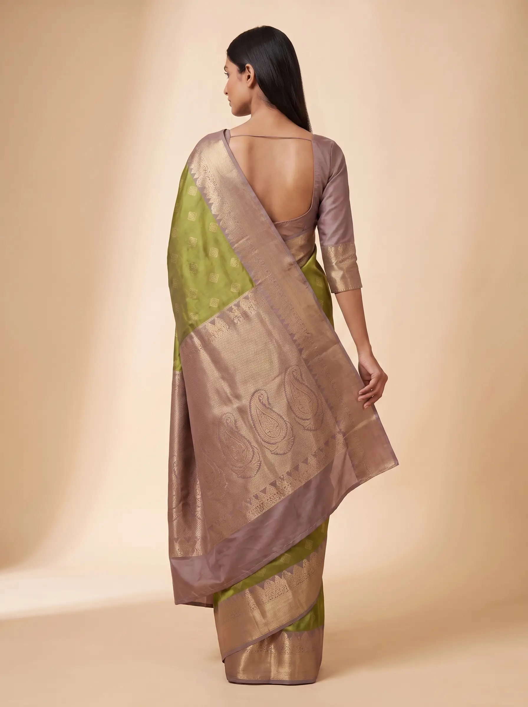 Olive Green Semi Silk Saree with Grey Broad FLoral Zari Border