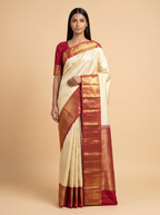 Ivory Gold Zari Pure Kanjeevaram Silk Saree with Rich Crimson Pallu