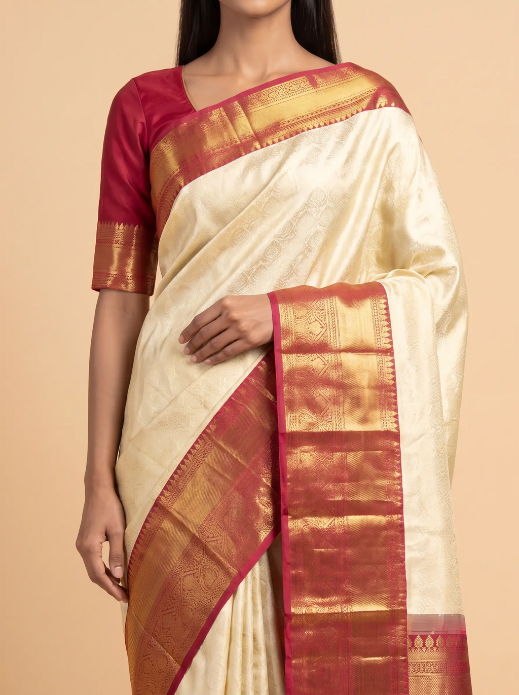 Ivory Gold Zari Pure Kanjeevaram Silk Saree with Rich Crimson Pallu
