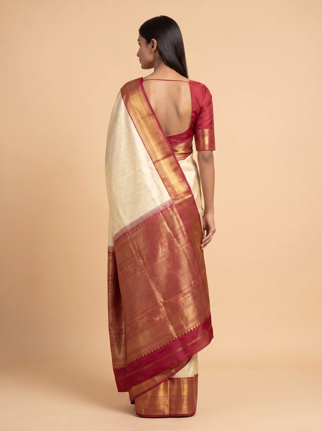 Ivory Gold Zari Pure Kanjeevaram Silk Saree with Rich Crimson Pallu