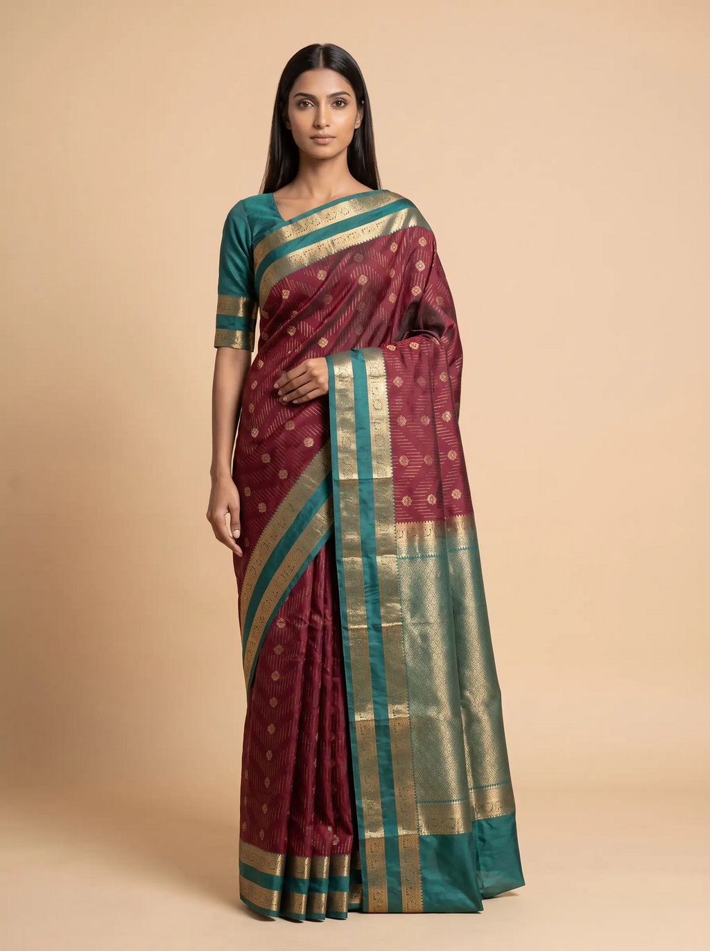 Brown Semi Silk Saree with Teal Green Border