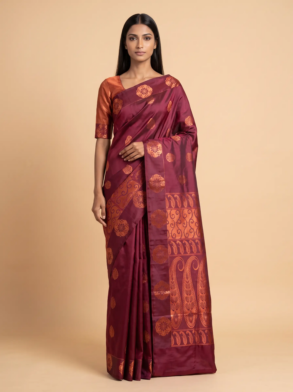 Copper Gold Semi Silk Saree with Large Flower Zari Mitif