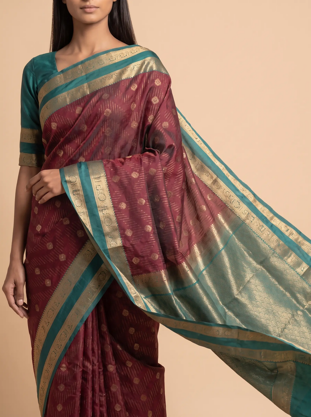 Brown Semi Silk Saree with Teal Green Border