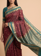 Brown Semi Silk Saree with Teal Green Border