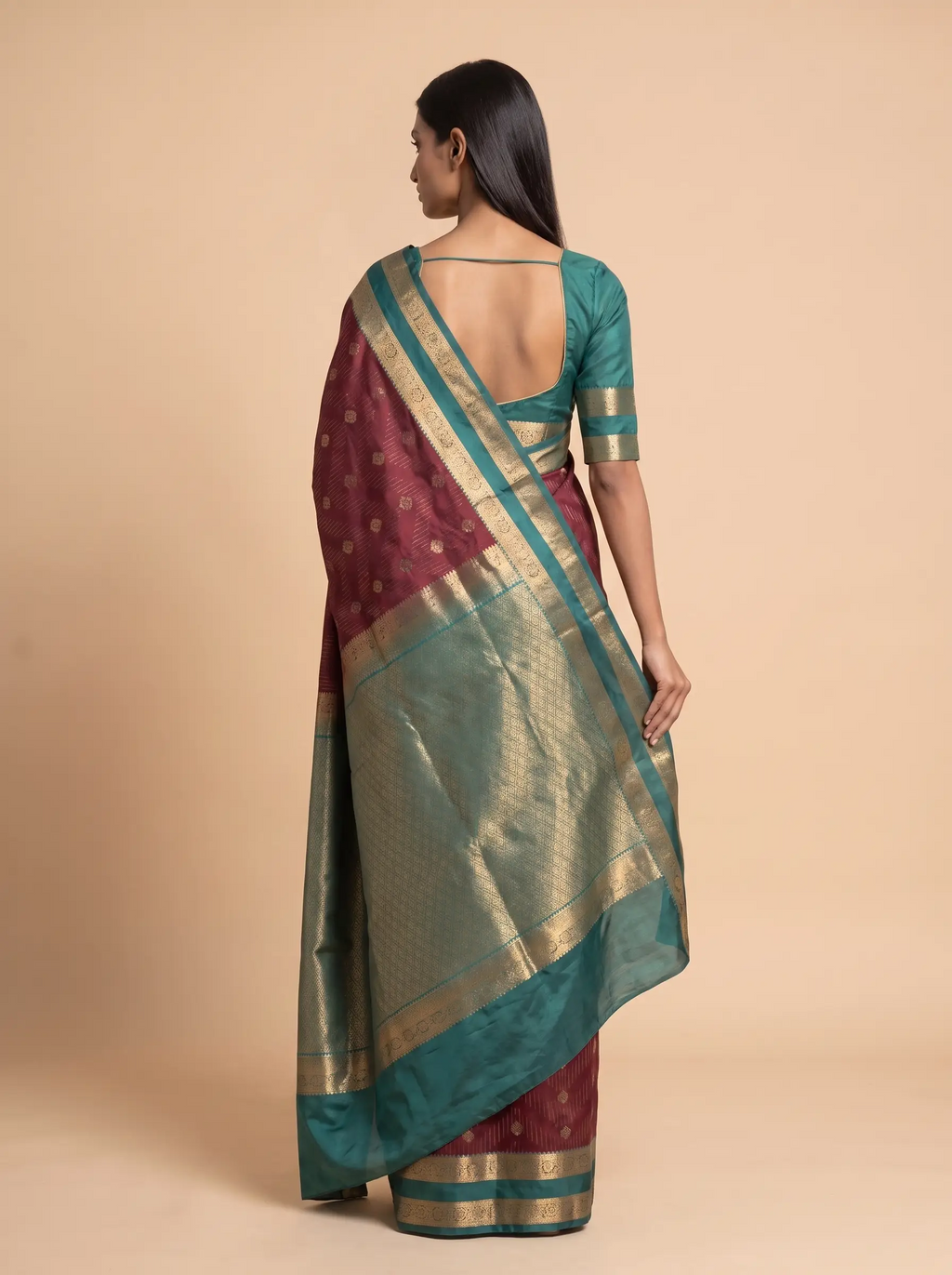 Brown Semi Silk Saree with Teal Green Border