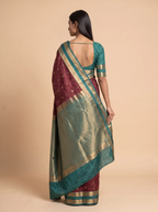 Brown Semi Silk Saree with Teal Green Border