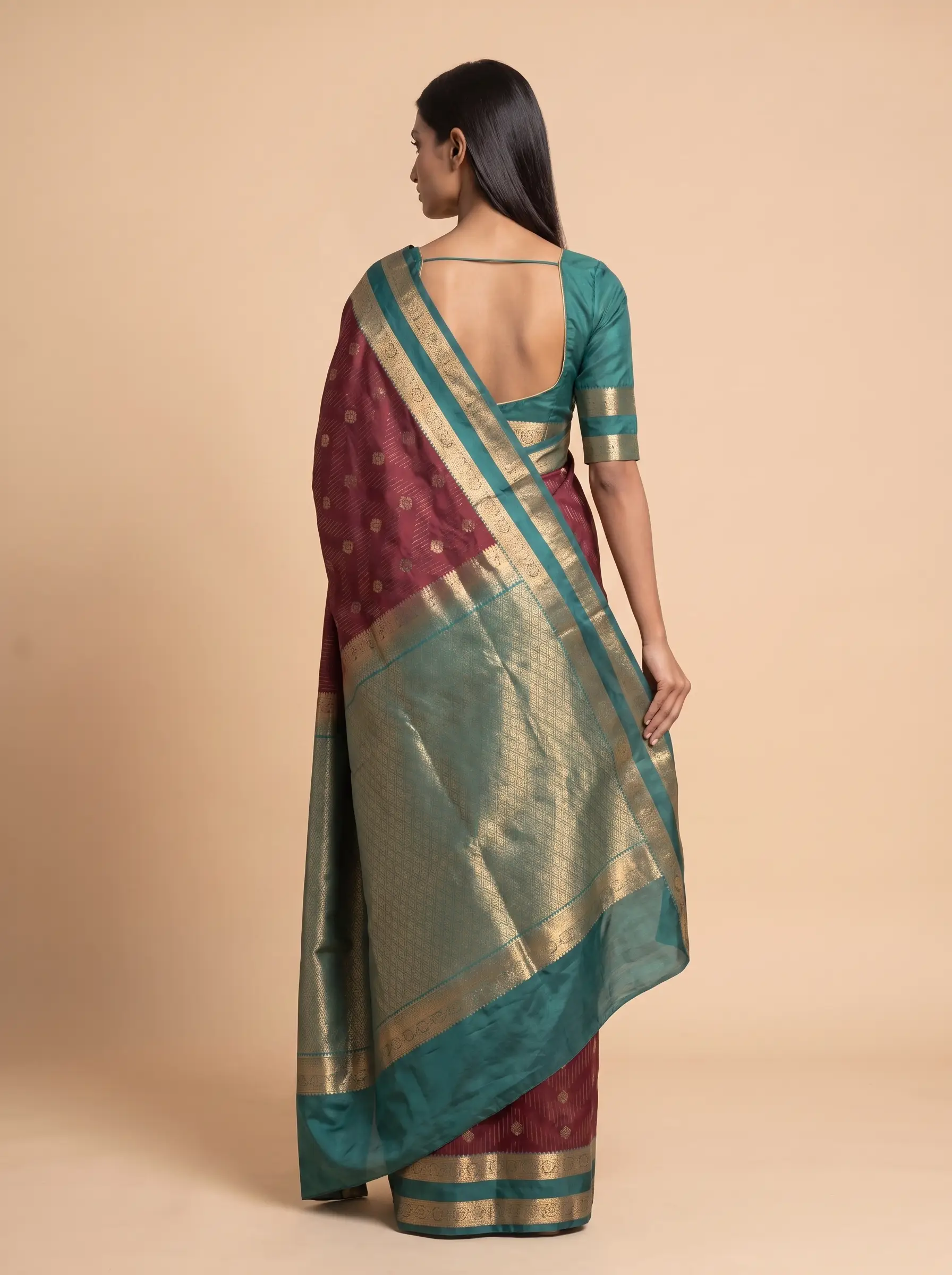 Brown Semi Silk Saree with Teal Green Border