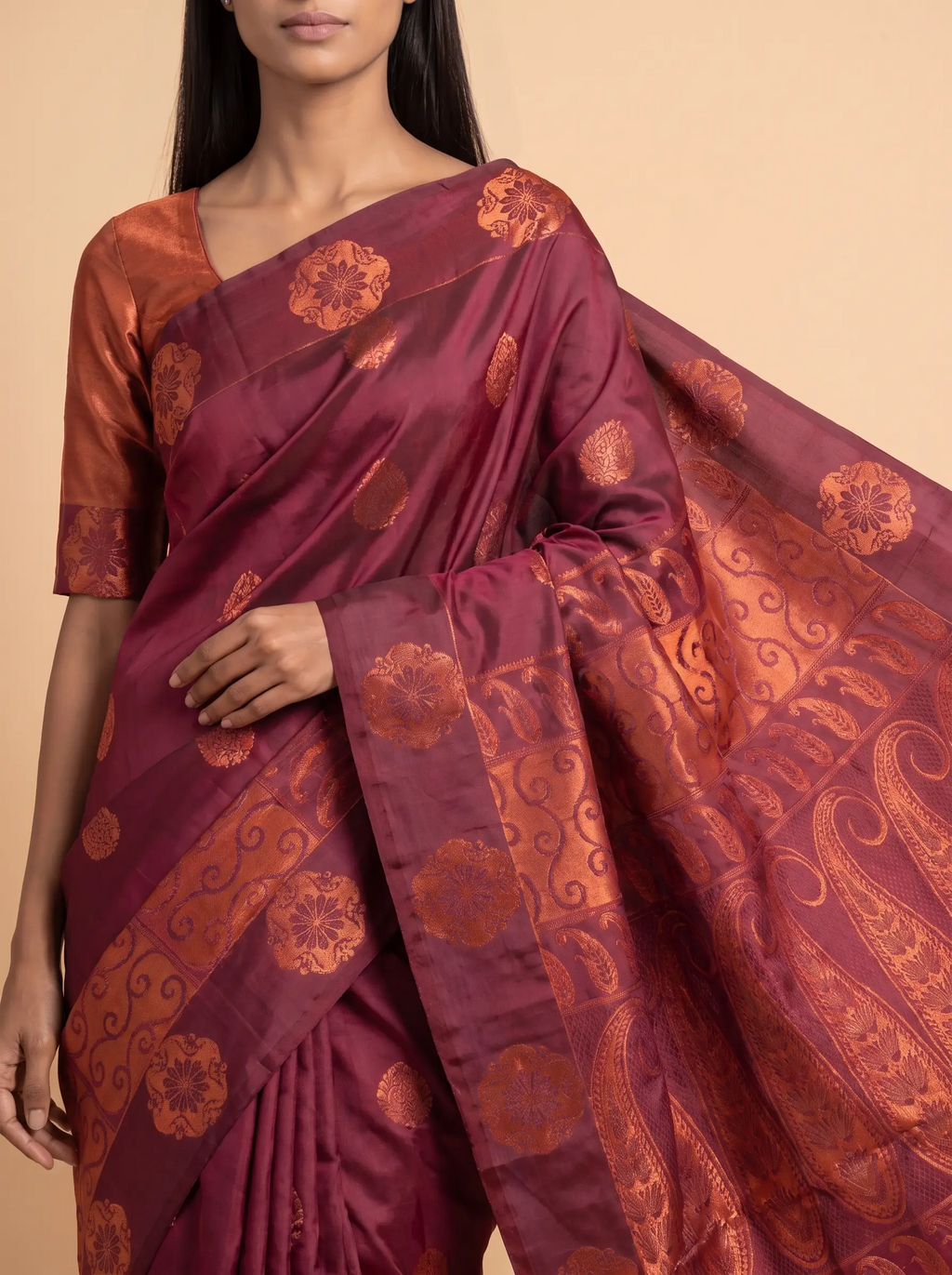 Copper Gold Semi Silk Saree with Large Flower Zari Mitif