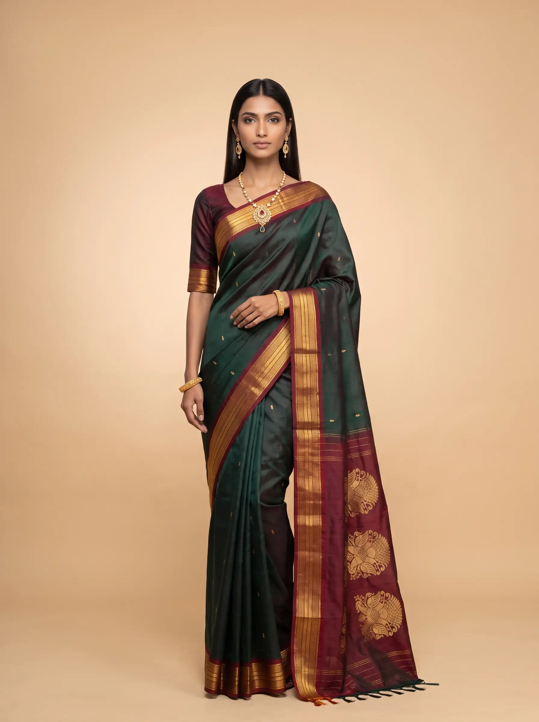 Grey Green Gold Zari Kanjivaram Silk Saree