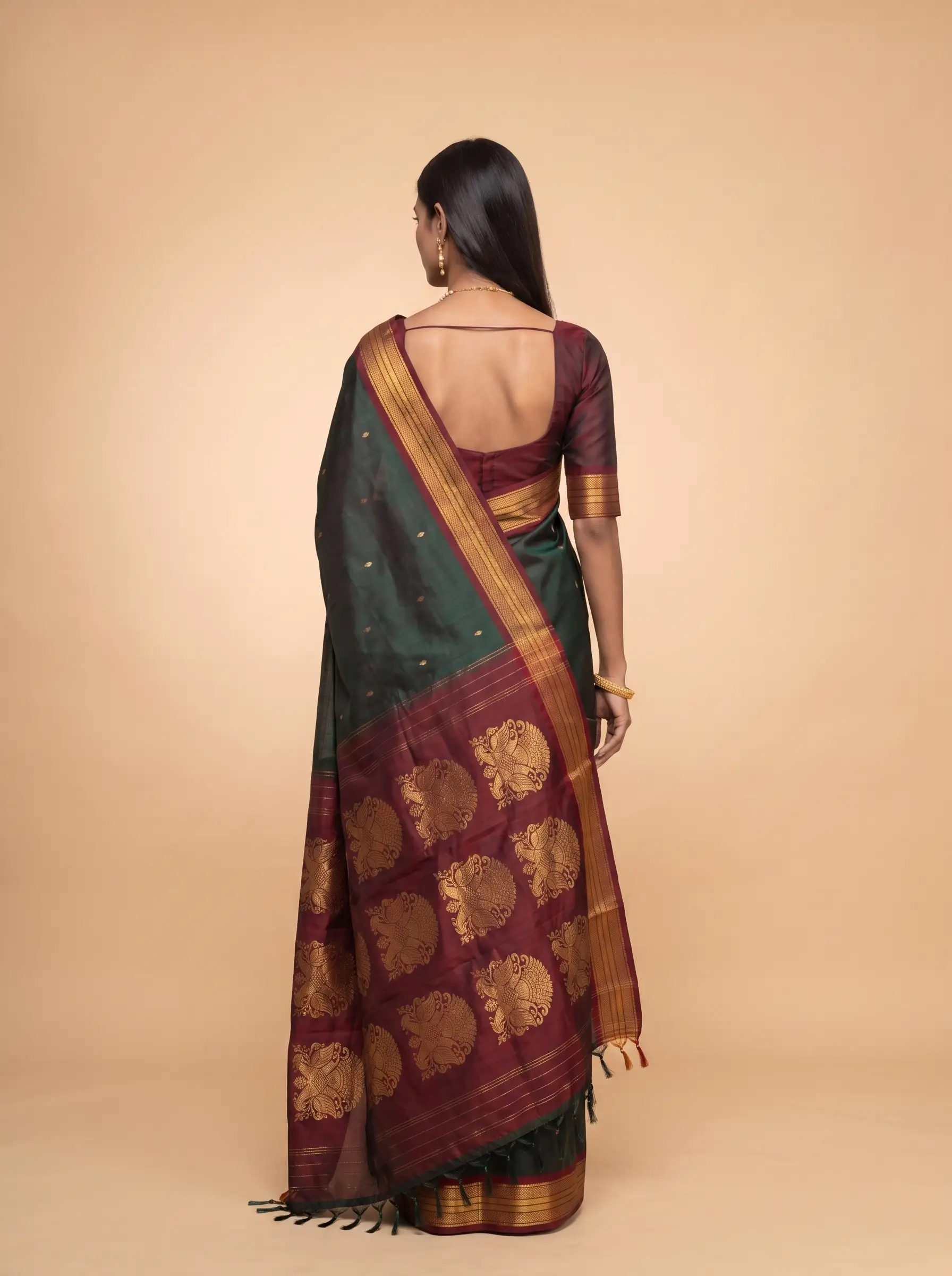 Grey Green Gold Zari Kanjivaram Silk Saree