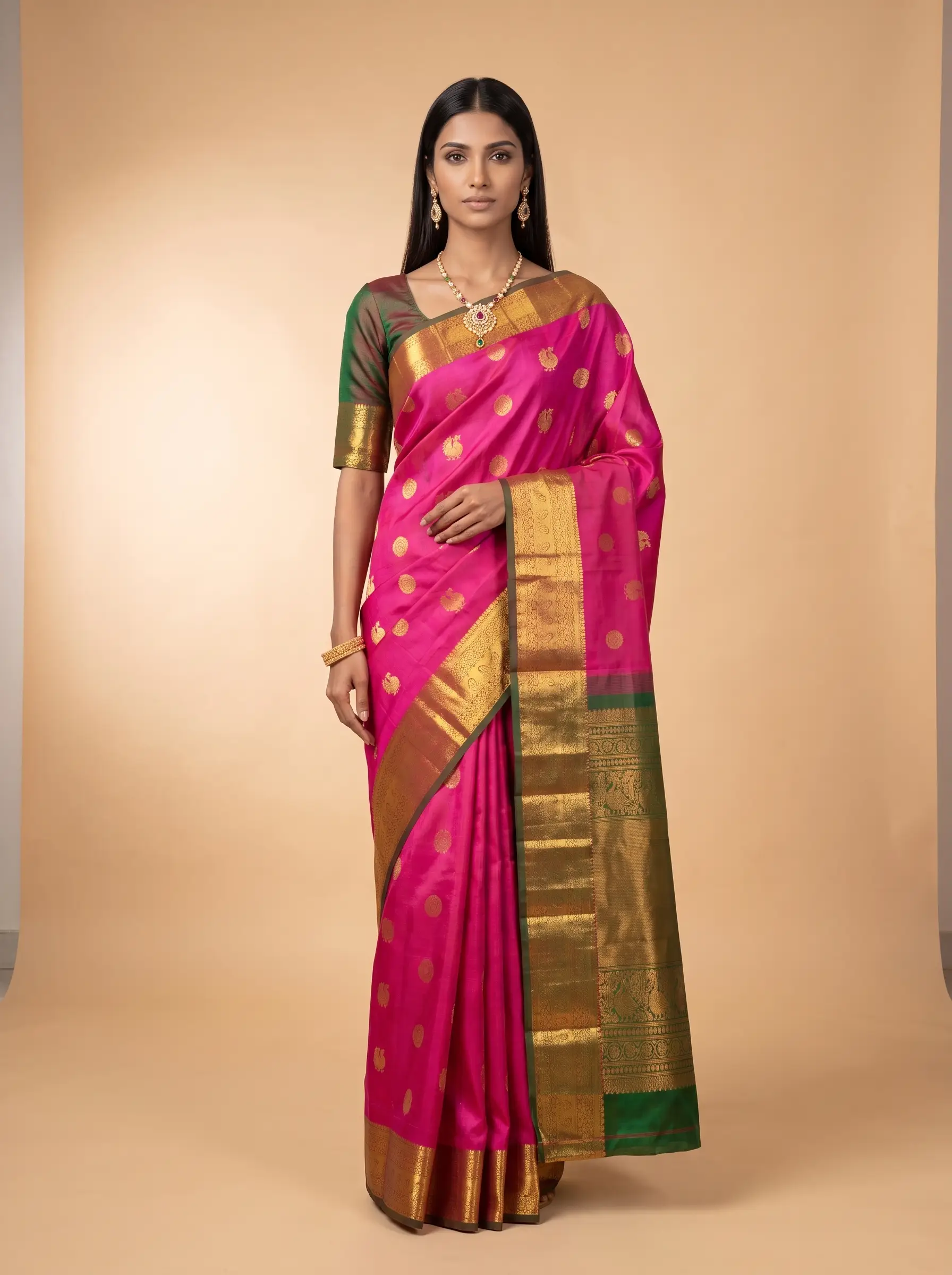 Rani Pink Gold Zari Butti Kanjivaram Silk Saree