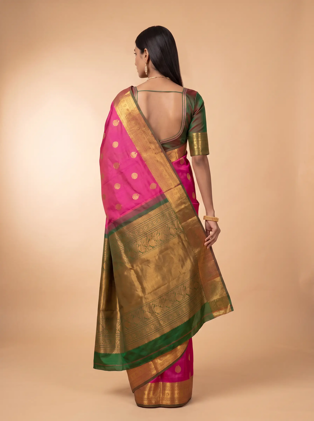 Rani Pink Gold Zari Butti Kanjivaram Silk Saree