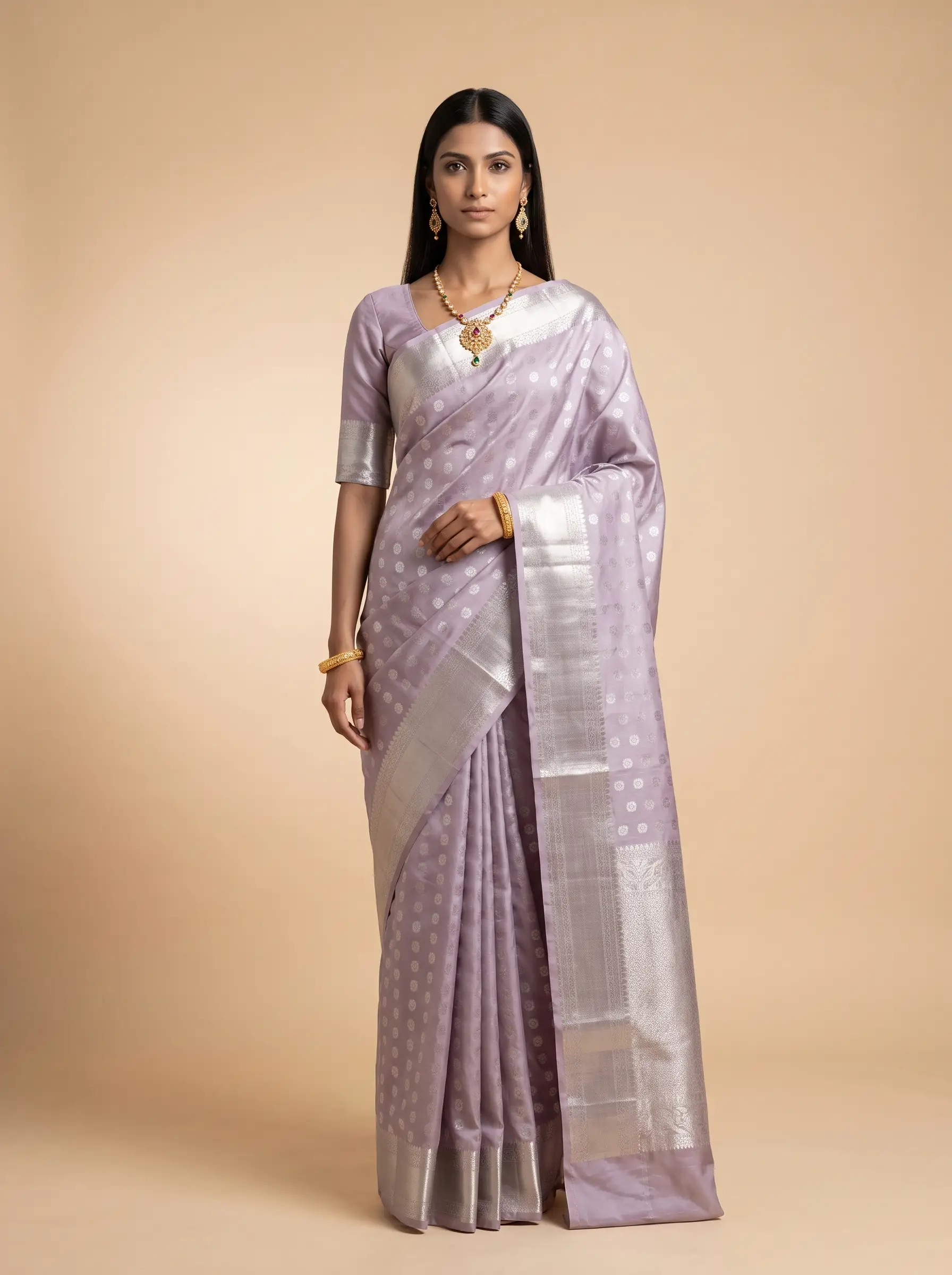 Mauve Silk Saree with Silver Zari Butti & Rich Pallu