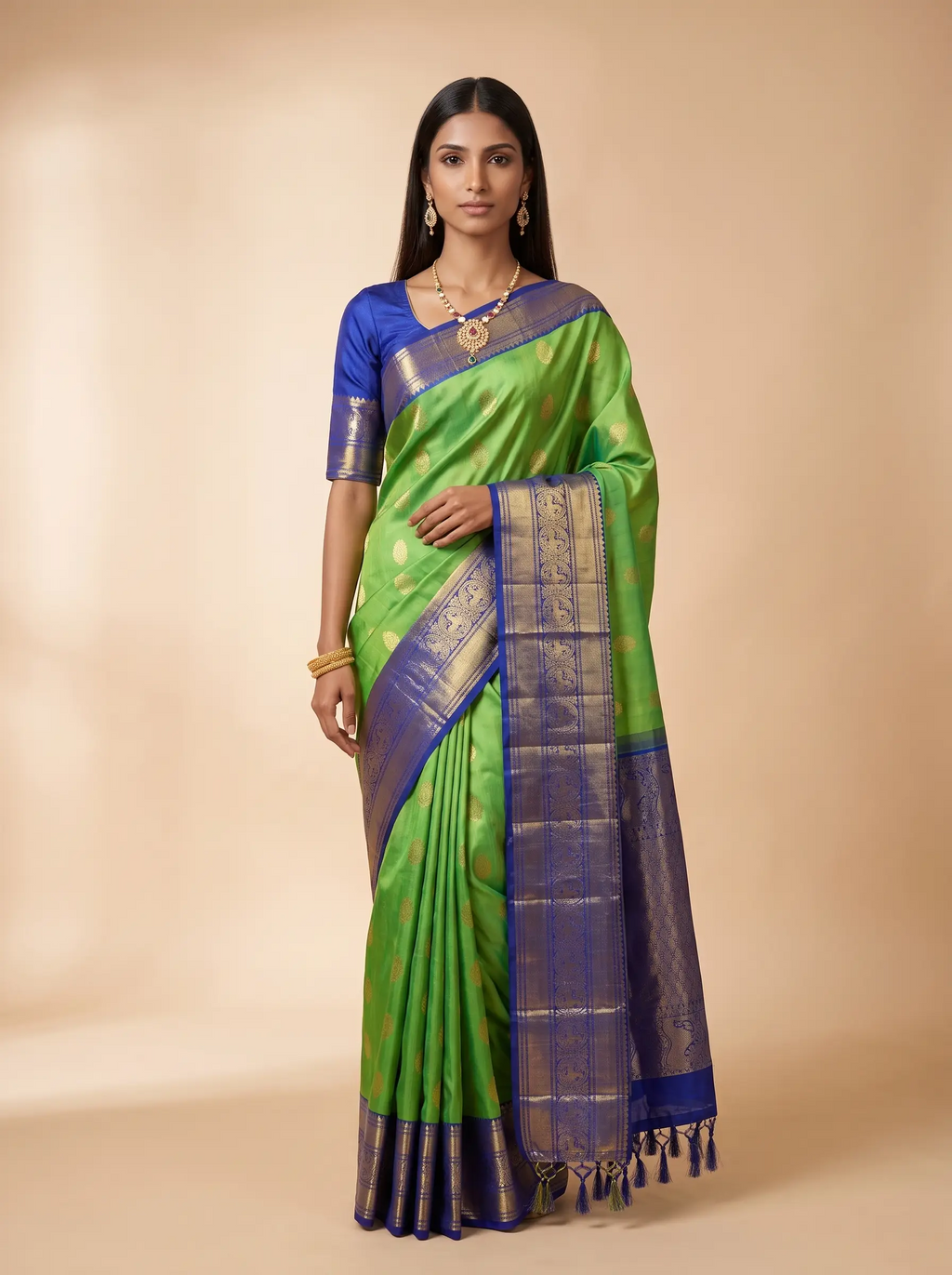 Parrot Green Gold Zari Paisley Kanjivaram Silk Saree